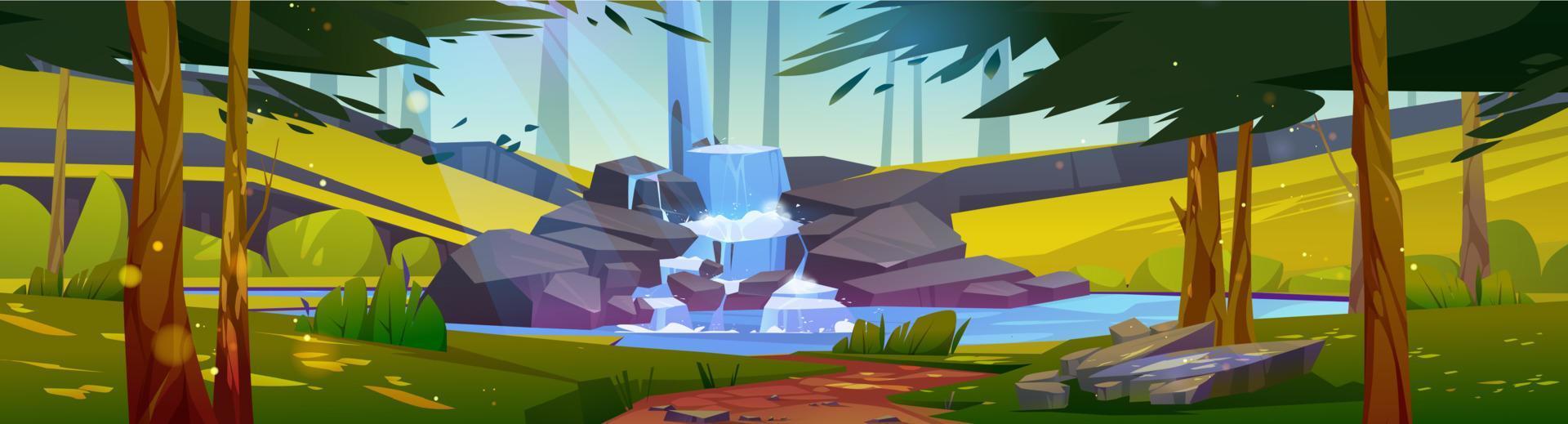 Summer forest landscape with cascade waterfall vector