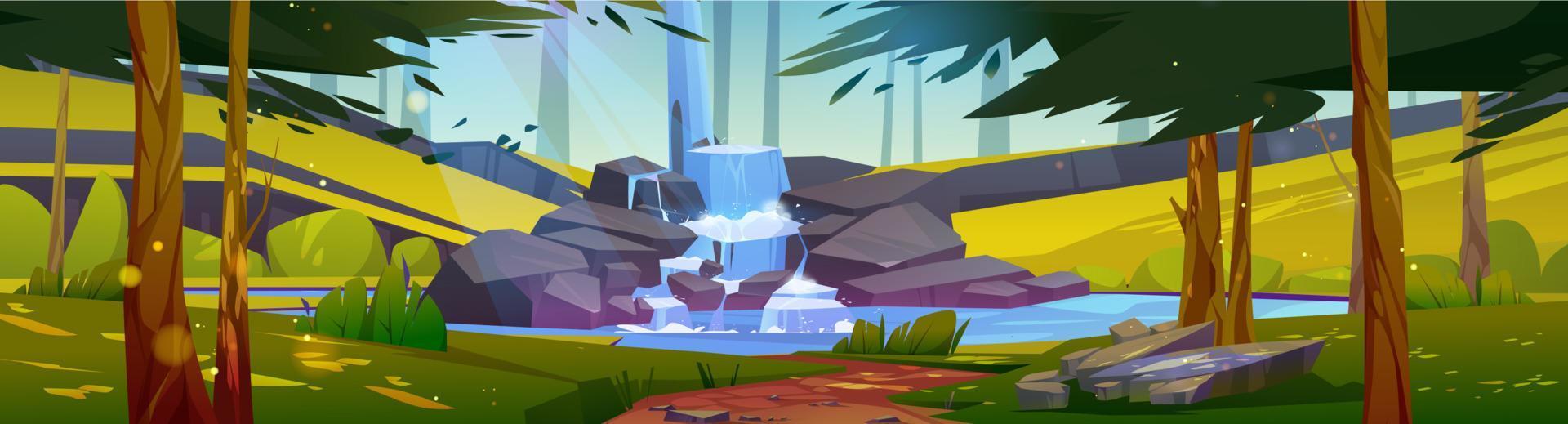 paisaje de bosque de verano con cascada cascada vector