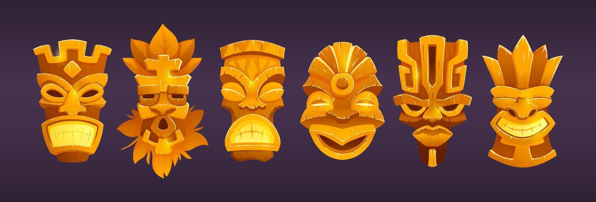 Gold tiki masks, hawaiian tribal totem vector