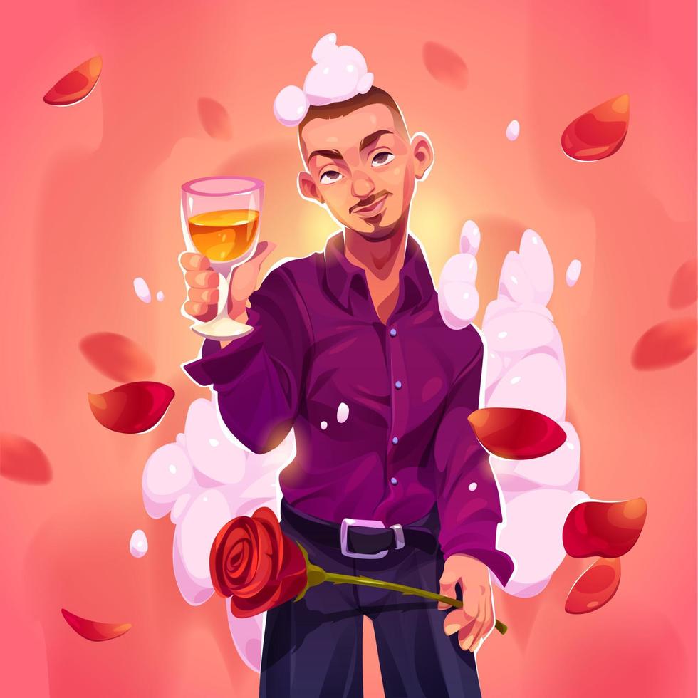 tarjeta romántica con hombre guapo con copa de vino vector