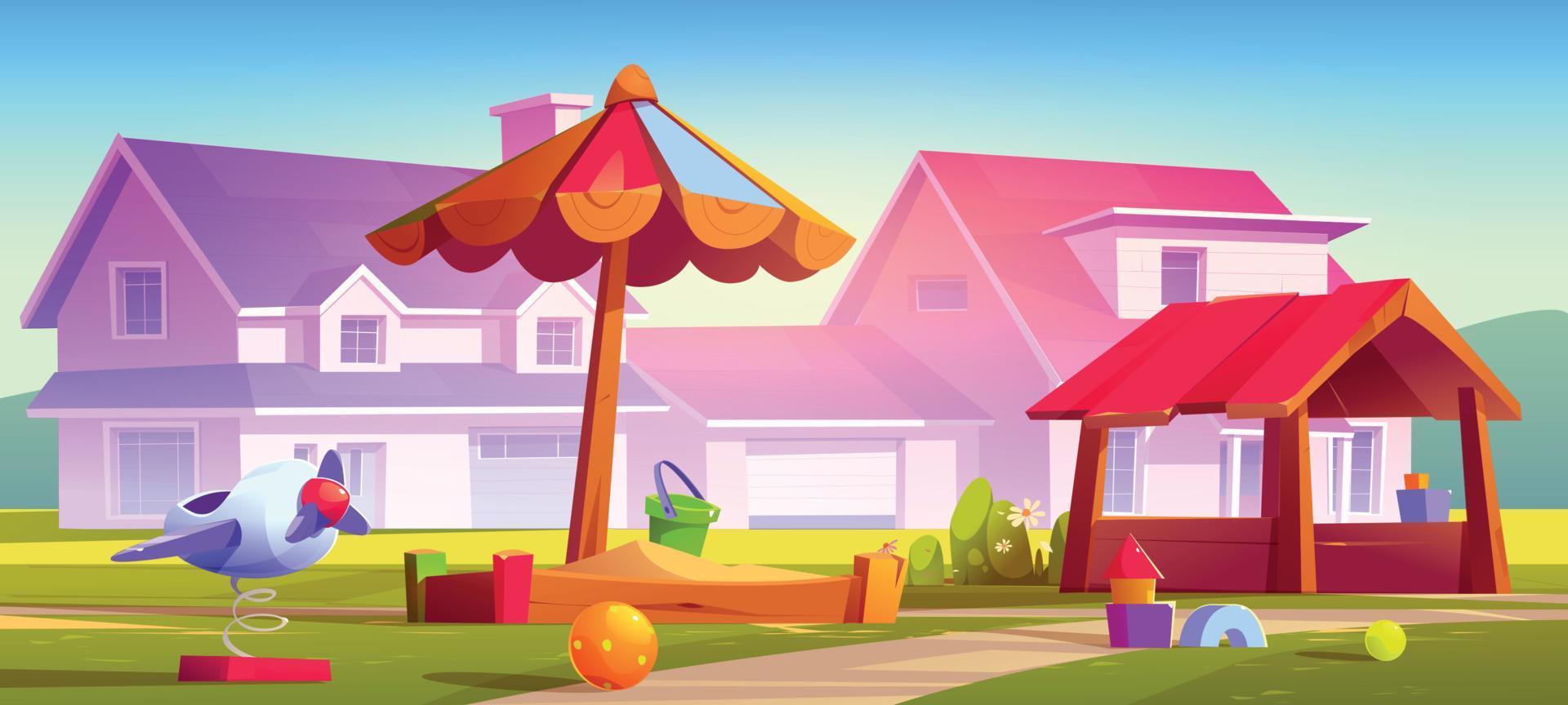 Kids playground at suburb with cottages, park vector