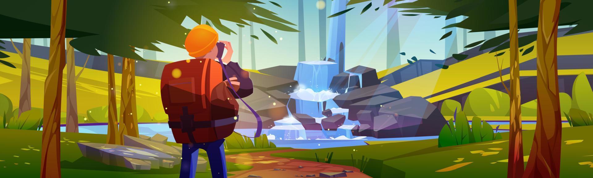 Traveler making picture on camera of landscape vector
