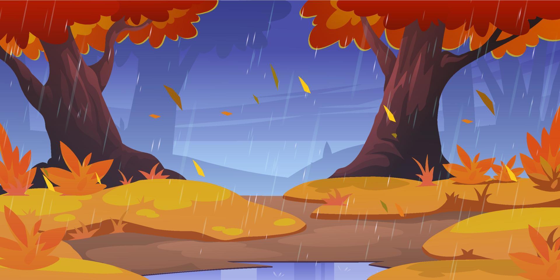 Rain in autumn forest, wild nature landscape, fall vector