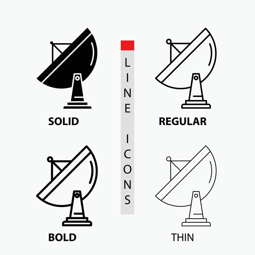 satellite, antenna, radar, space, dish Icon in Thin, Regular, Bold Line and Glyph Style. Vector illustration