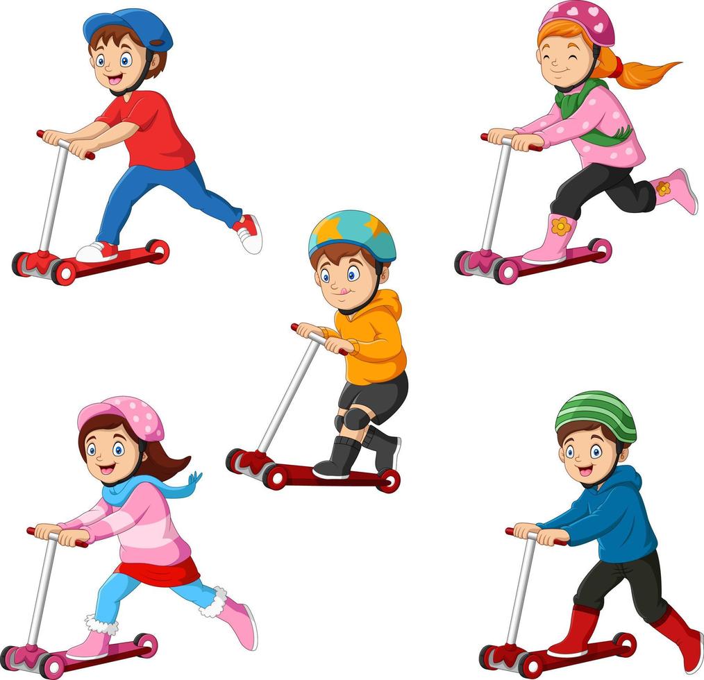 los niños aprenden a andar en scooter vector