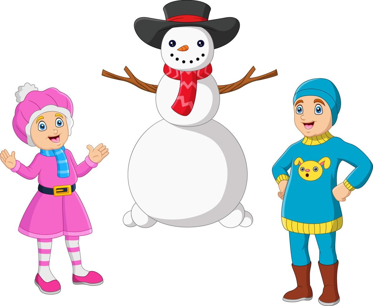 niños felices con un muñeco de nieve vector