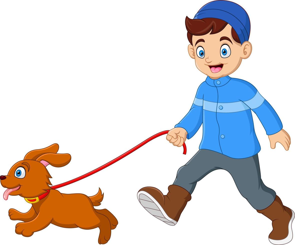 Cute boy walking with dog vector