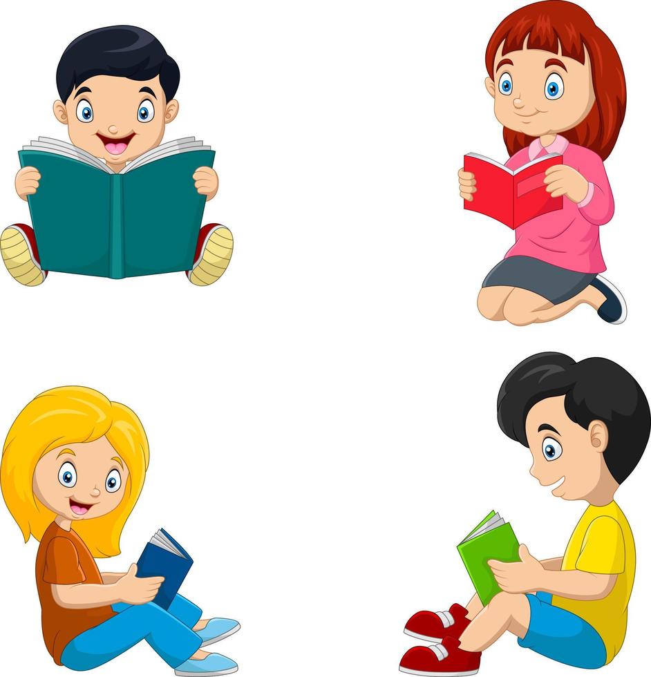 grupo de niños leyendo un libro vector