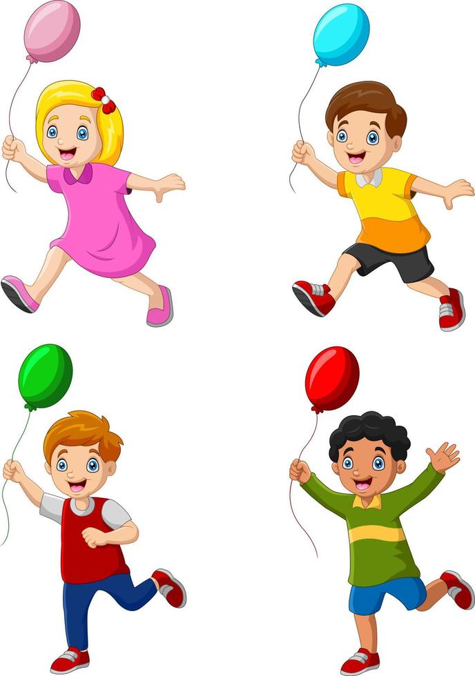 niños felices sosteniendo globos y corriendo vector