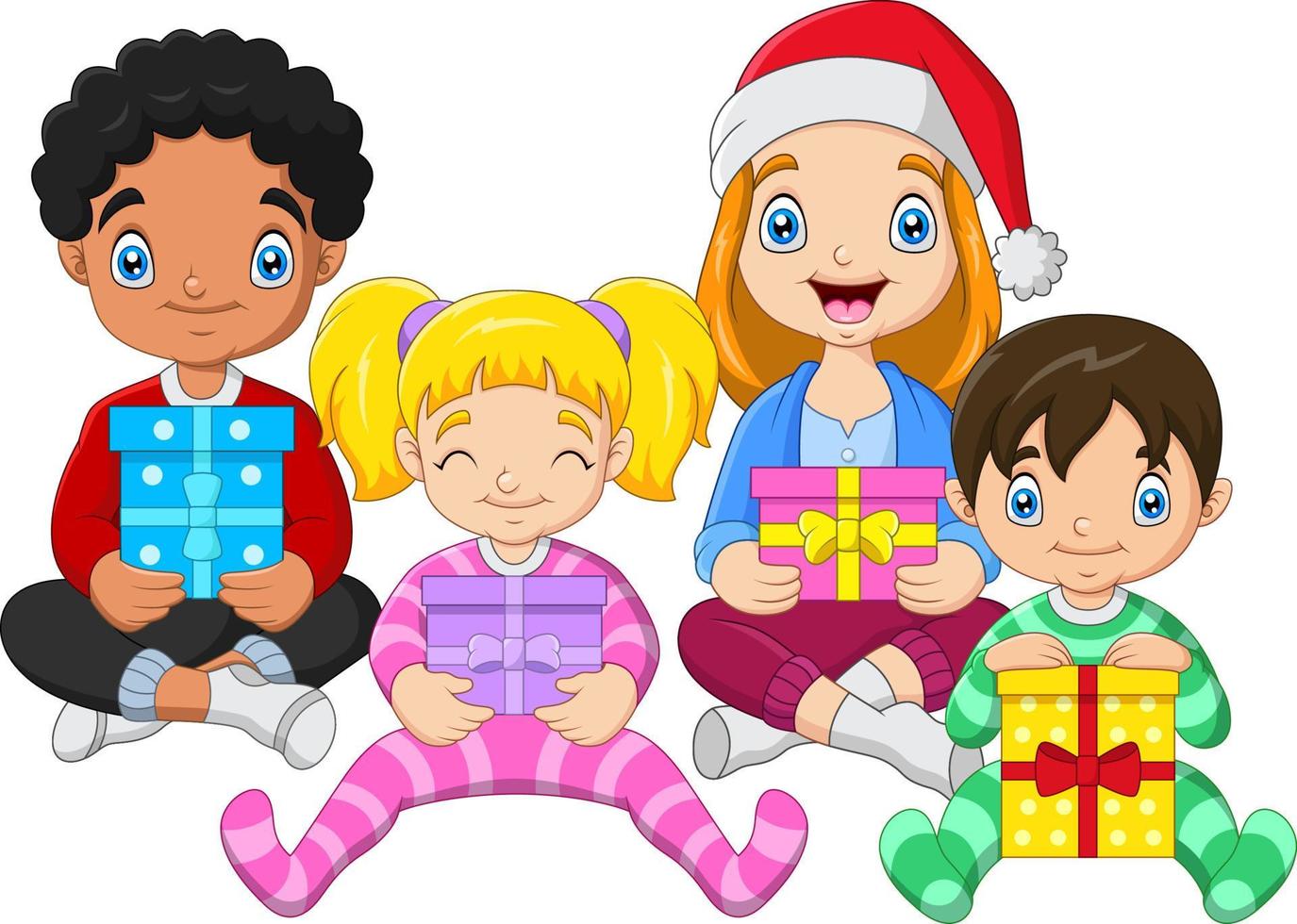 Children sitting while hugging gifts vector