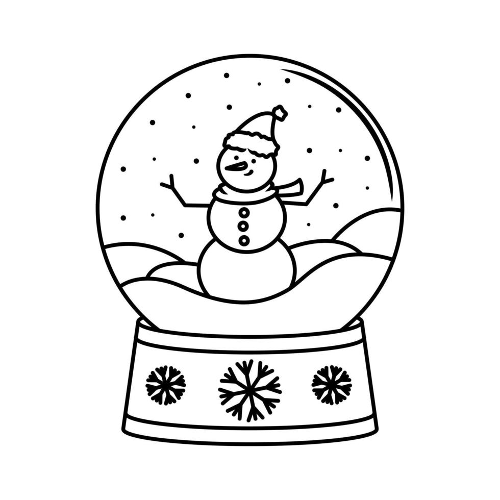 Christmas concept linear design with a Christmas snow globe with a snowman. Vector illustration of a snow globe