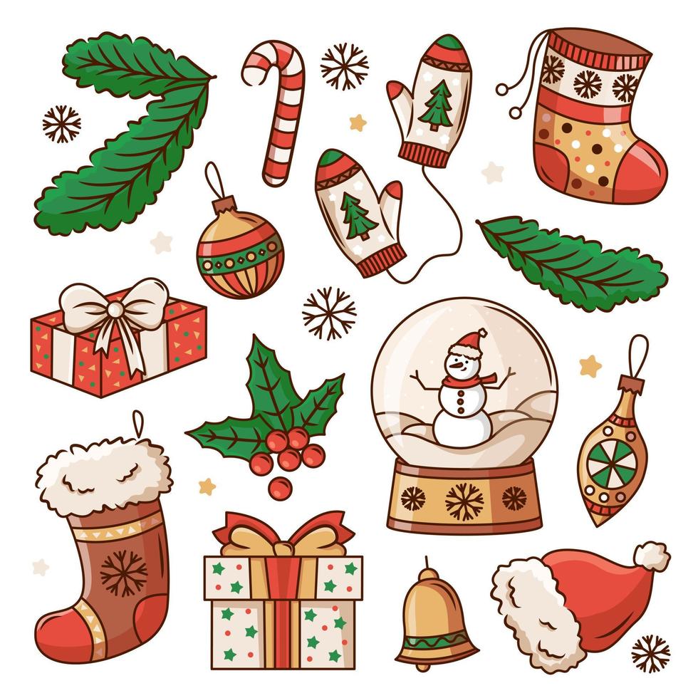 conjunto de elementos navideños. coloridos artículos de vacaciones vectoriales. ilustración de navidad. imágenes prediseñadas de decoración de año nuevo. diseño para impresiones y tarjetas. vector