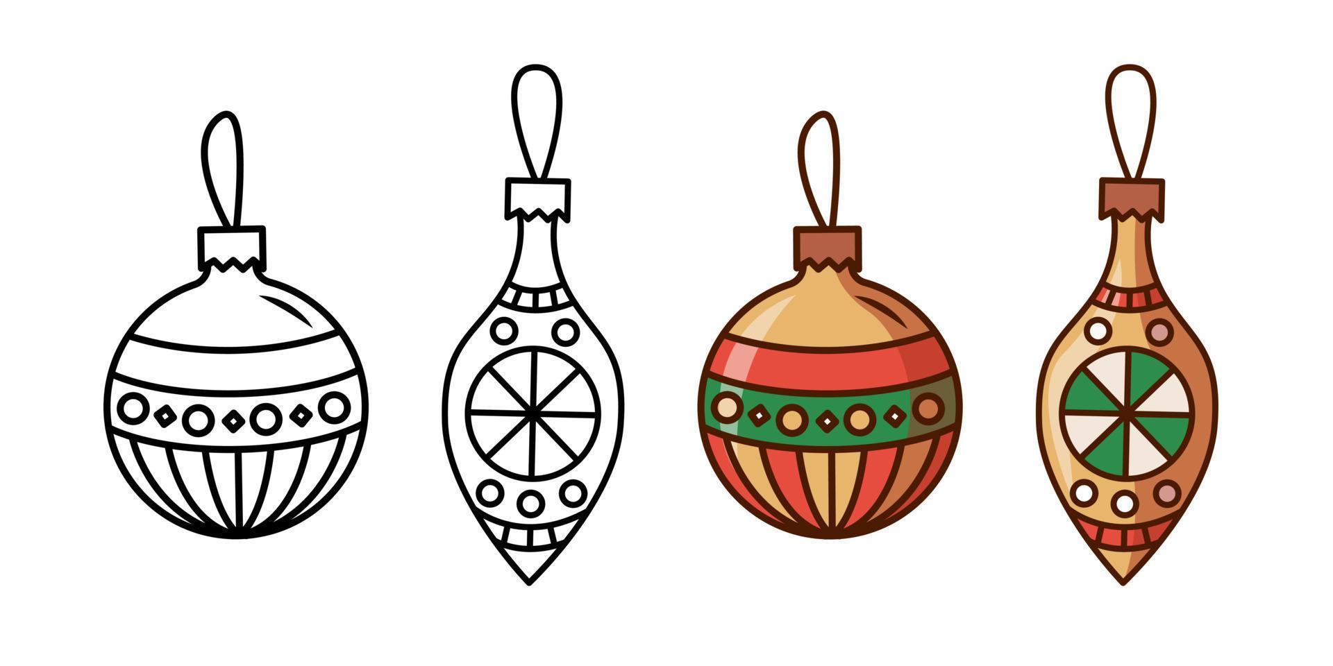 juguetes y bolas de navidad. decoraciones de año nuevo de diferentes formas. conjunto de iconos de estilo de dibujos animados. ilustración vectorial vector