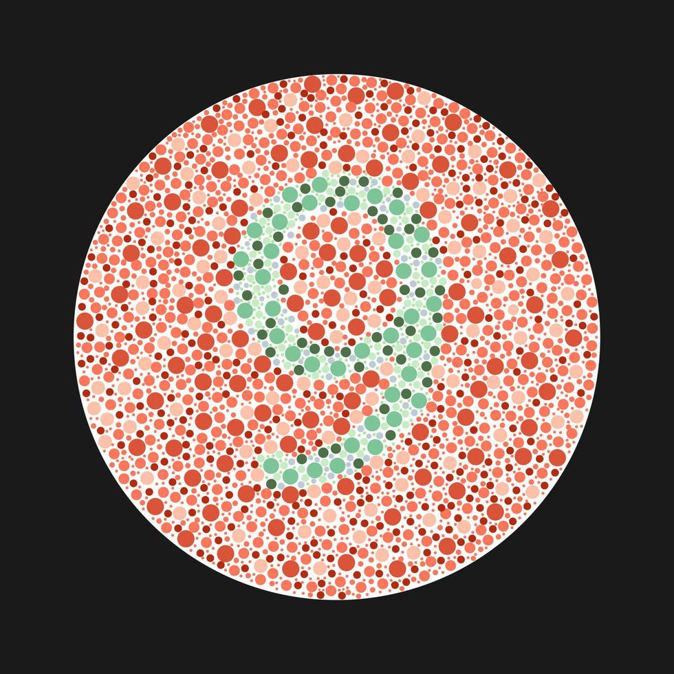 Ishihara test for color blindness. Color blind test. Green number 9 for colorblind people. Vision deficiency. Vector illustration.