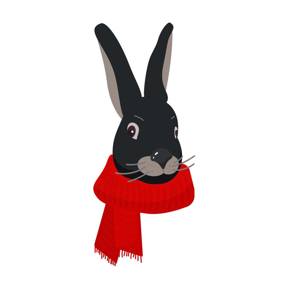 Black head of a rabbit with a red scarf on a white background. Symbol of the year 2023. Design element. Cartoon art. Vector illustration.