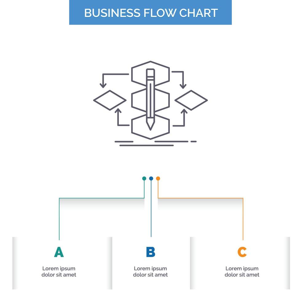 algoritmo, diseño, método, modelo, diseño de diagrama de flujo de negocio de proceso con 3 pasos. icono de línea para el lugar de plantilla de fondo de presentación para texto vector