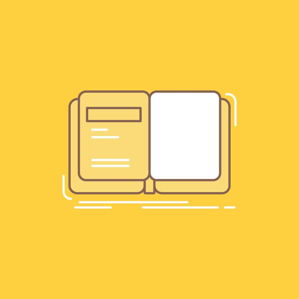 Author, book, open, story, storytelling Flat Line Filled Icon. Beautiful Logo button over yellow background for UI and UX, website or mobile application vector