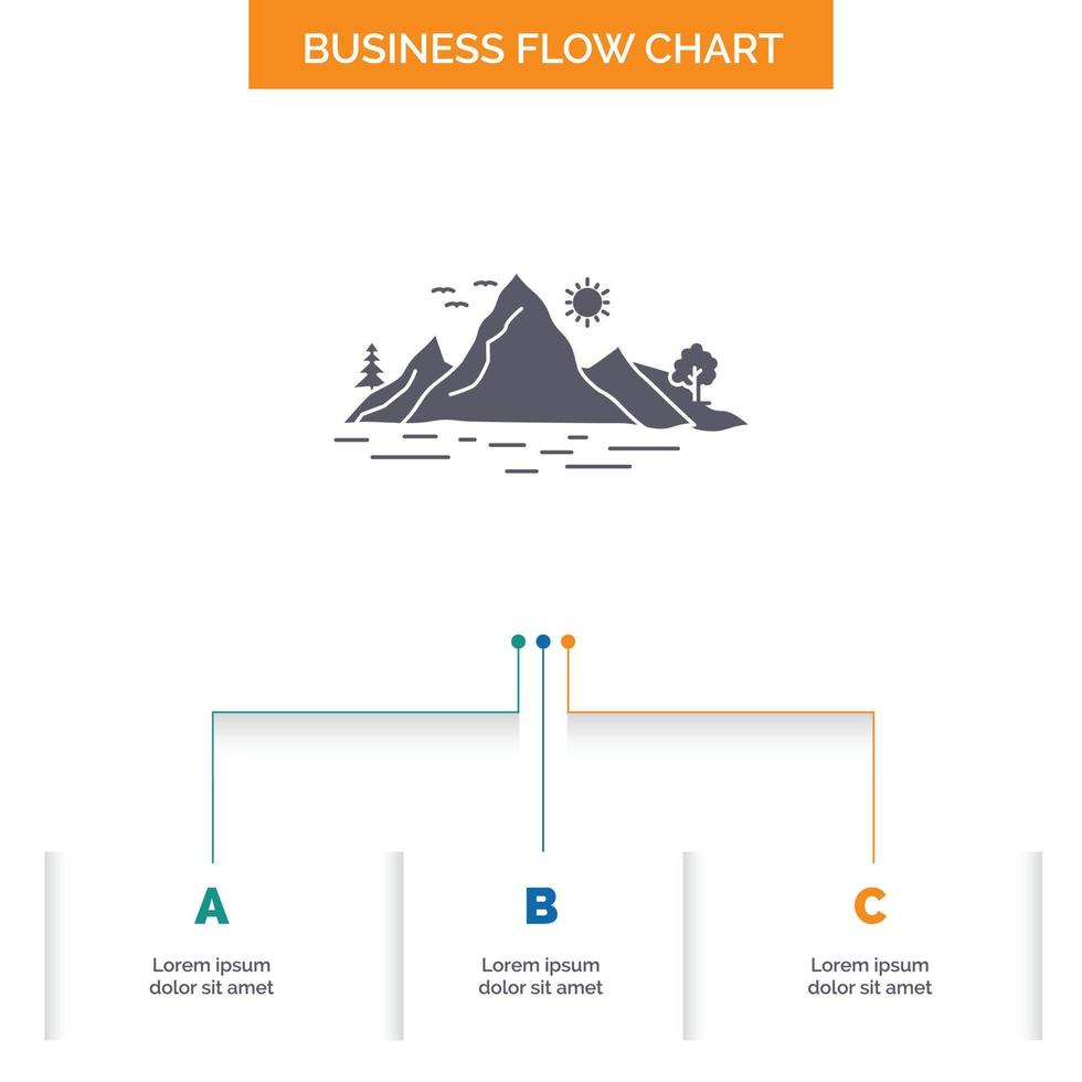 Nature. hill. landscape. mountain. tree Business Flow Chart Design with 3 Steps. Glyph Icon For Presentation Background Template Place for text. vector