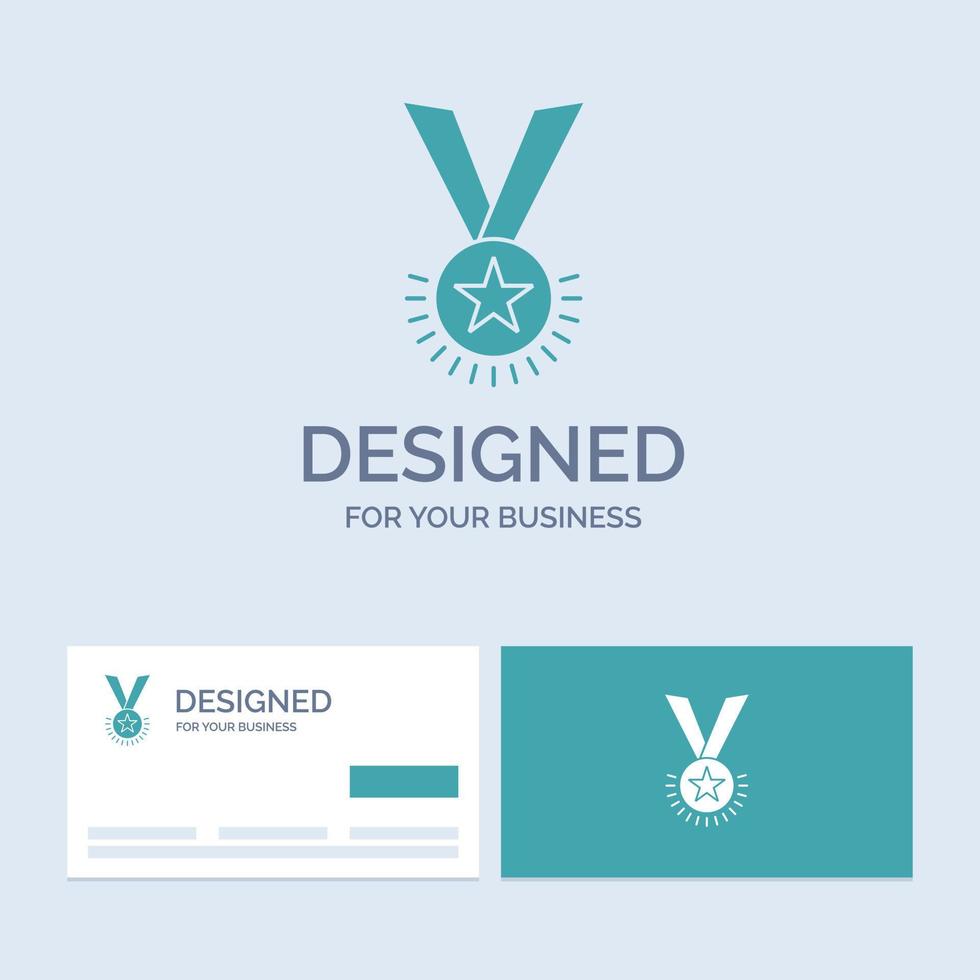 Award. honor. medal. rank. reputation. ribbon Business Logo Glyph Icon Symbol for your business. Turquoise Business Cards with Brand logo template. vector