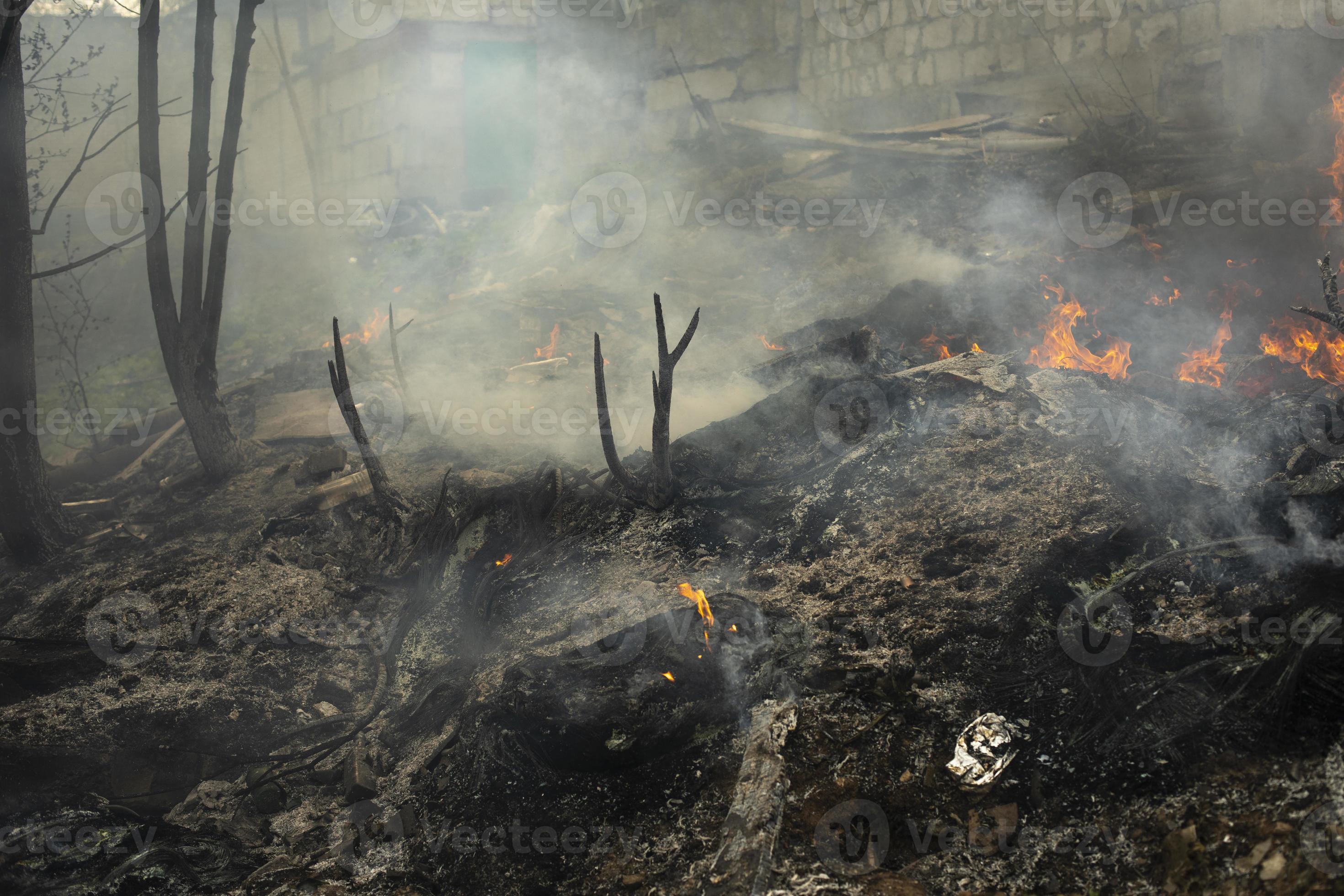 Burning of garbage. Set fire to illegal landfill. Flames and smoke