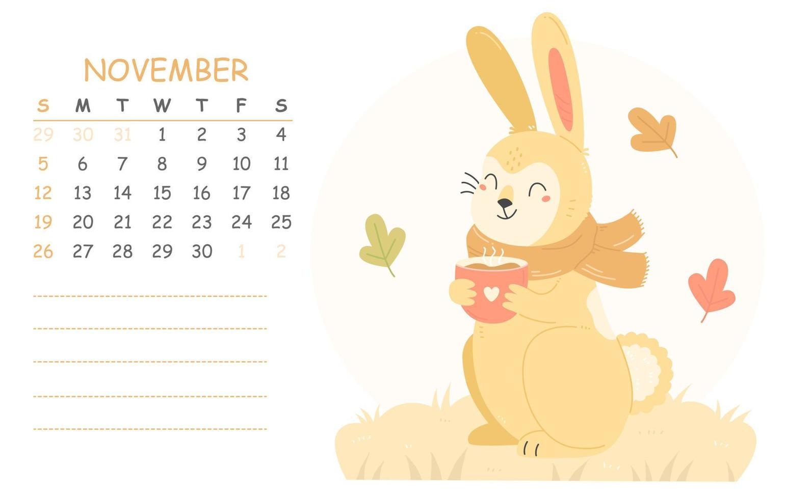 calendario infantil de noviembre para 2023 con una ilustración de un lindo conejo en una bufanda con una taza de cacao. 2023 es el año del conejo. página de calendario de ilustración vectorial de otoño. vector