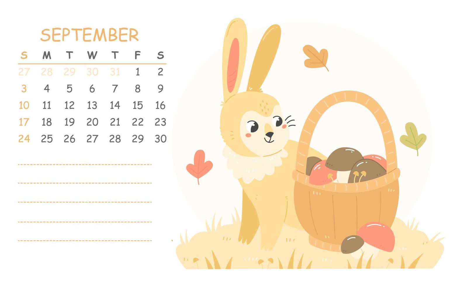 September children's calendar for 2023 with an illustration of a cute rabbit with a basket of mushrooms. 2023 is the year of the rabbit. Vector autumn illustration calendar page.