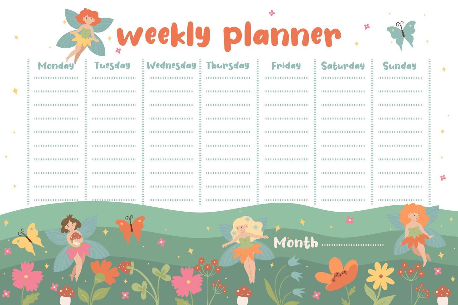 A weekly planner with cute fairies. Vector graphics.