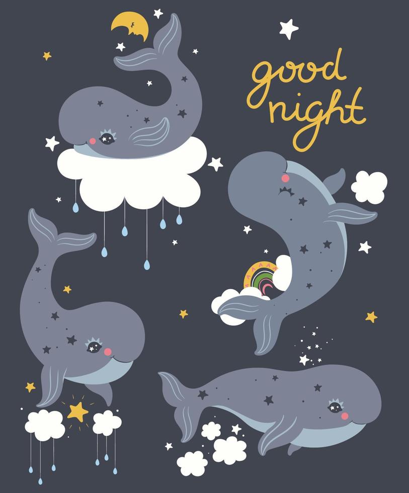 Set of cute whales in the sky. Vector graphics.
