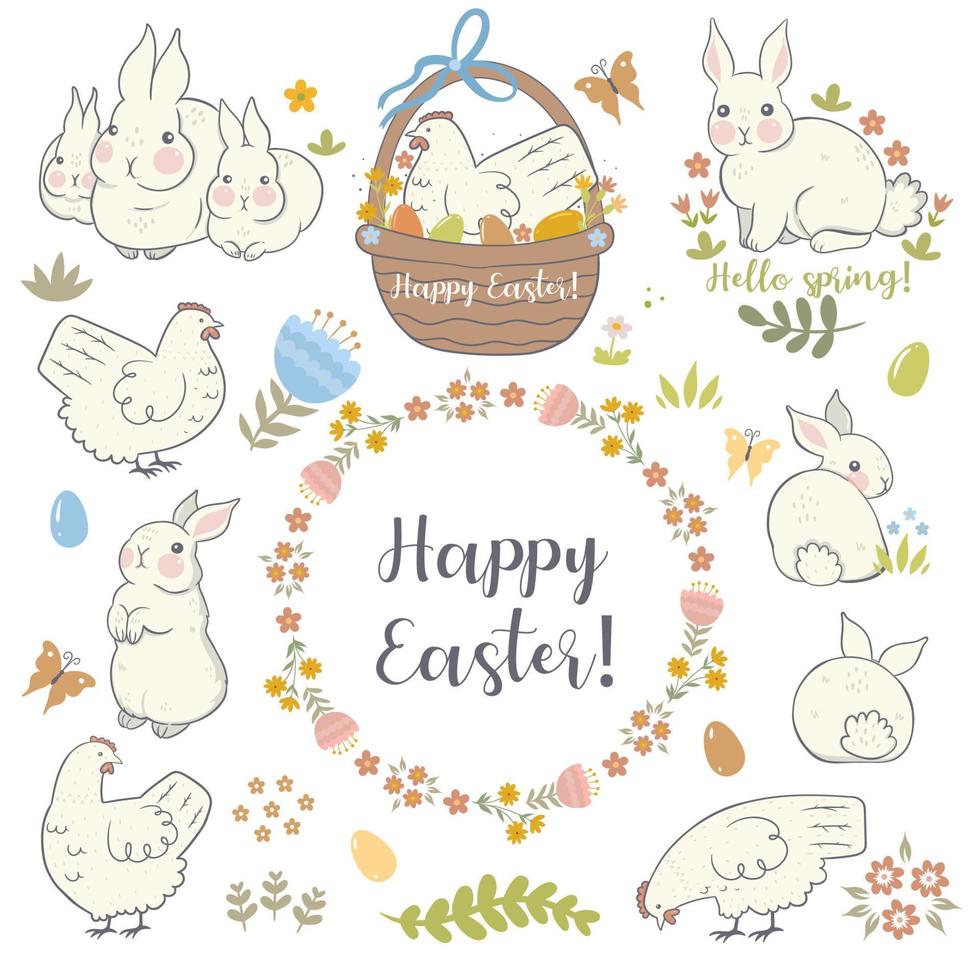 Easter set with rabbits and chickens. Vector graphics.