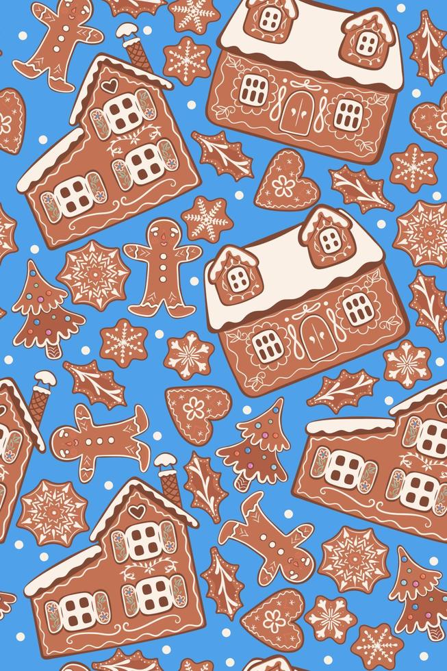 Gingerbread seamless pattern on a blue background. Vector graphics.