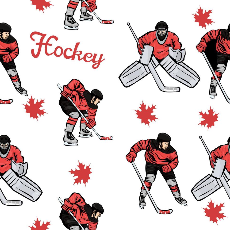 patrón impecable de jugadores de hockey canadienses y hojas de arce. gráficos vectoriales vector