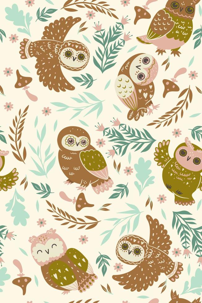 Seamless pattern with owls in pastel colors. Vector graphics.