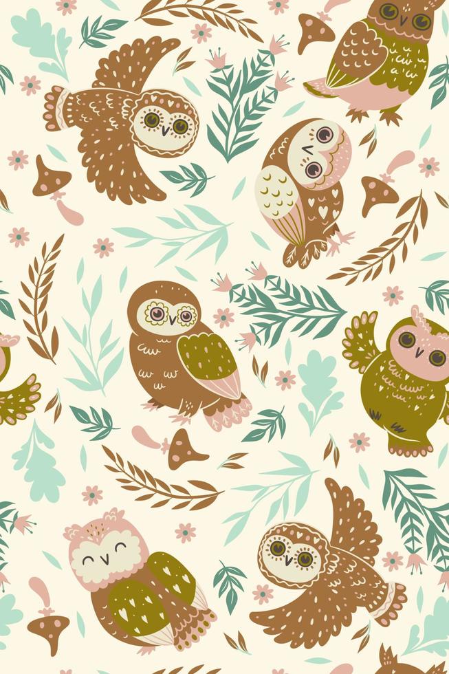 Seamless pattern with owls in pastel colors. Vector graphics.