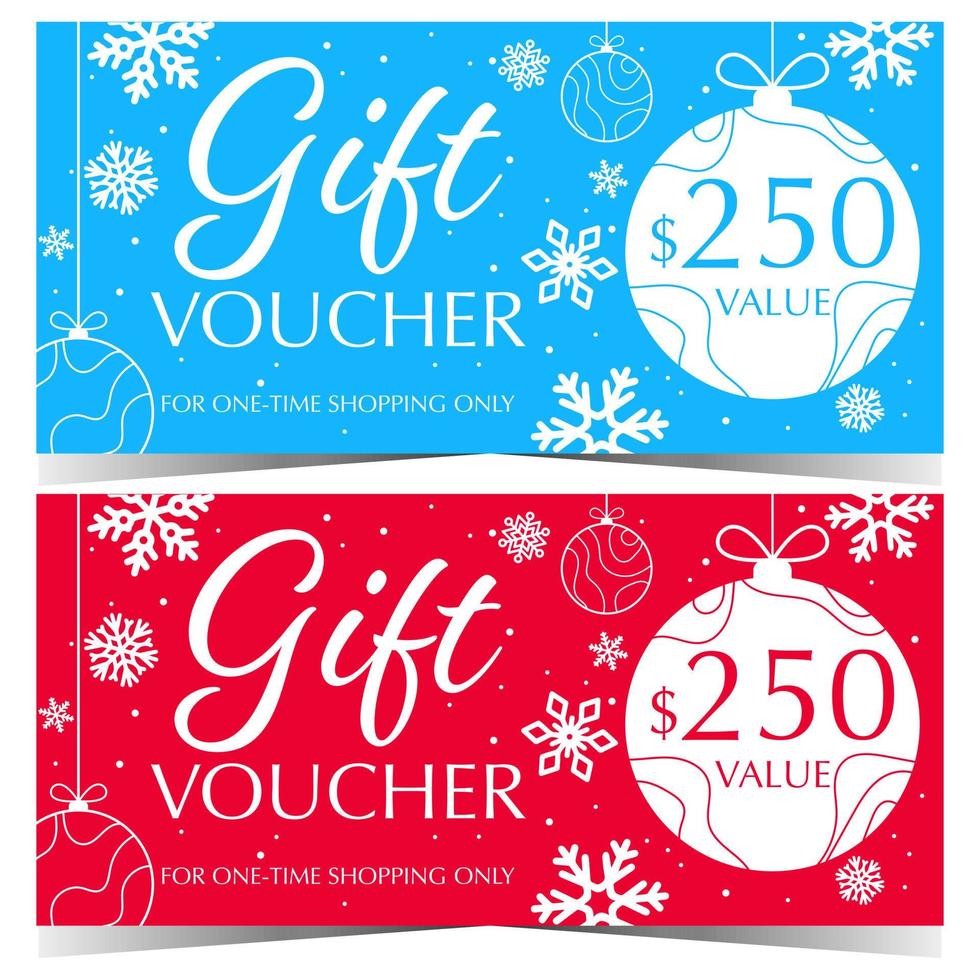 Christmas gift voucher or New Year gift certificate for winter sale and discount shopping season. Horizontal vector illustration of gift coupon with white Christmas ball on blue or red background.