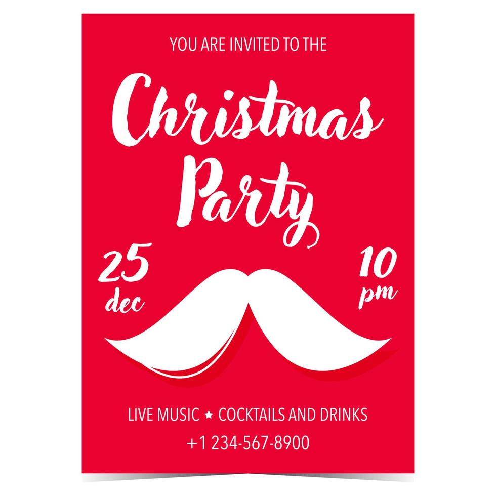 Christmas party poster or banner for winter holidays celebration invitation or greeting card. Vector illustration in flat style with Santa Claus mustache on red background for Christmas Eve party.