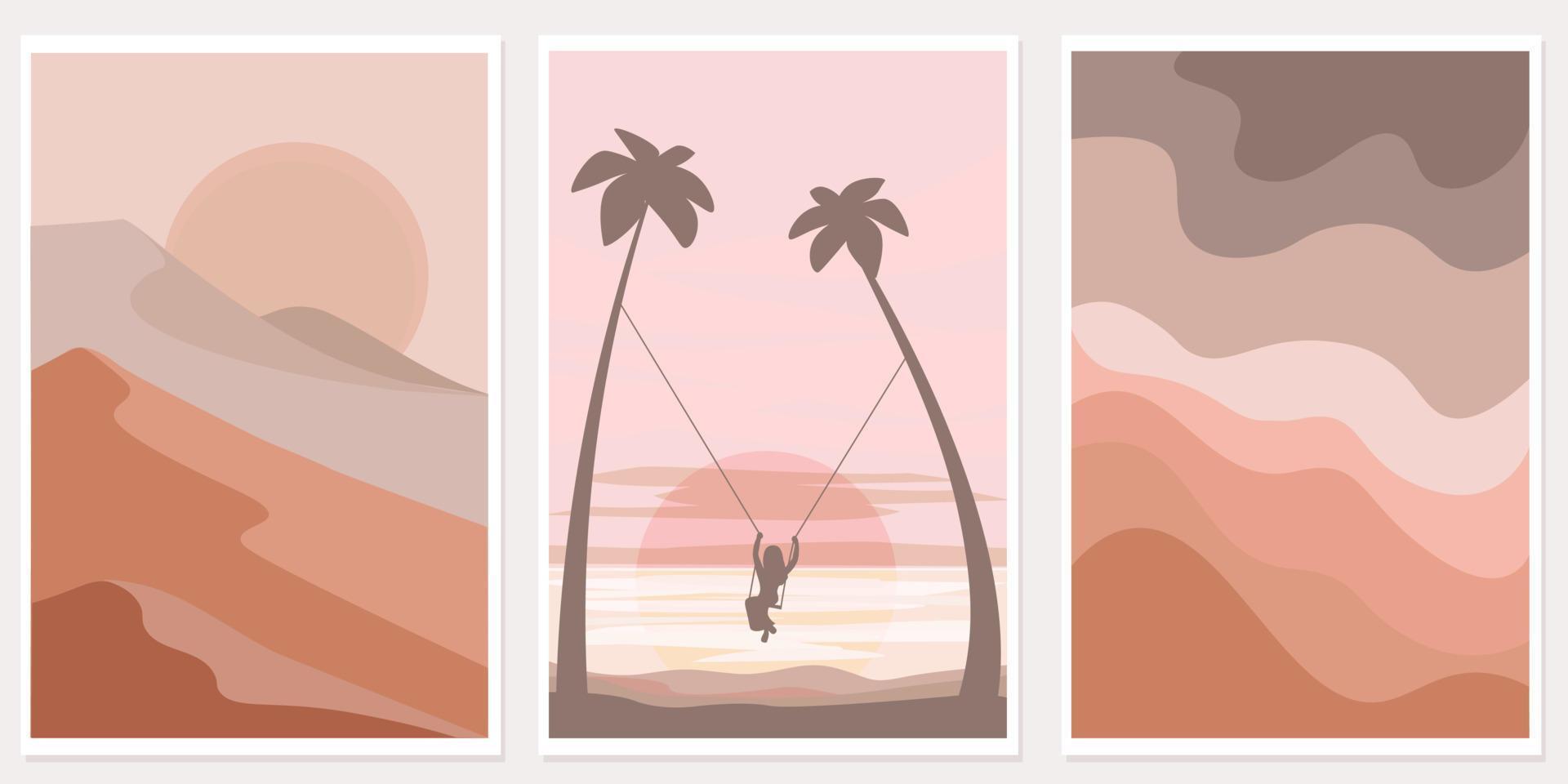 A set of posters with nature. A girl on a swing against the background of the sea and sunset. Mountains and the setting sun. Vector graphics.