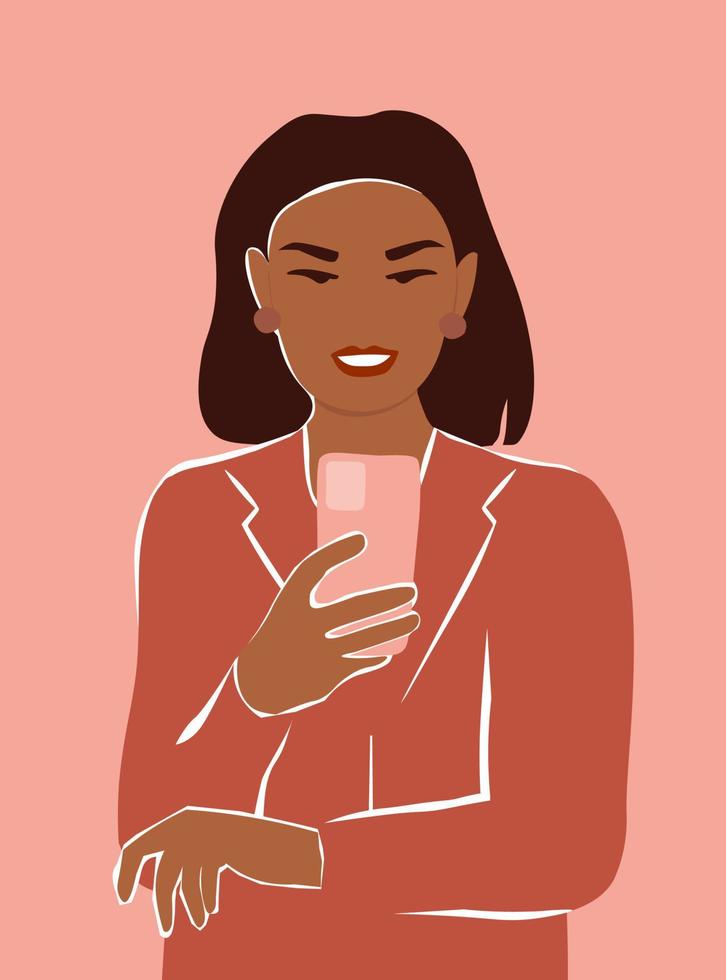 Portrait of a young girl with dark skin with a phone in her hand. A business woman takes selfies, photos, communicates by video. Vector graphics.
