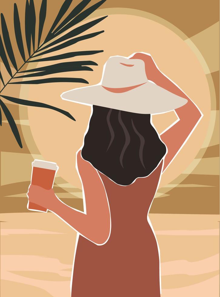 Contemporary abstract poster with a girl on the background of the sea, palm trees, the sun. A young woman from the back with a glass of tea, coffee in her hand. Vector graphics.