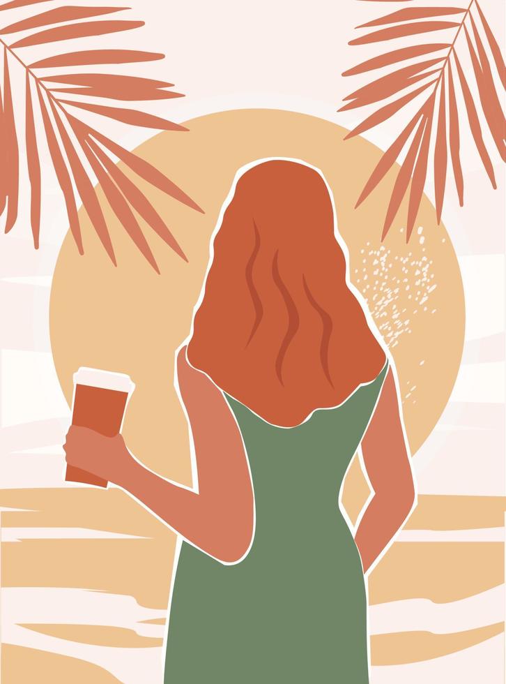Contemporary abstract poster with a girl on the background of the sea, palm trees. A young woman from the back with a glass of tea, coffee in her hand. Vector graphics.
