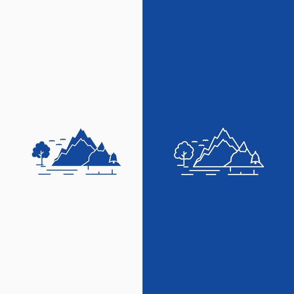 Cerro. paisaje. naturaleza. montaña. línea de árbol y botón web de glifo en banner vertical de color azul para ui y ux. sitio web o aplicación móvil vector