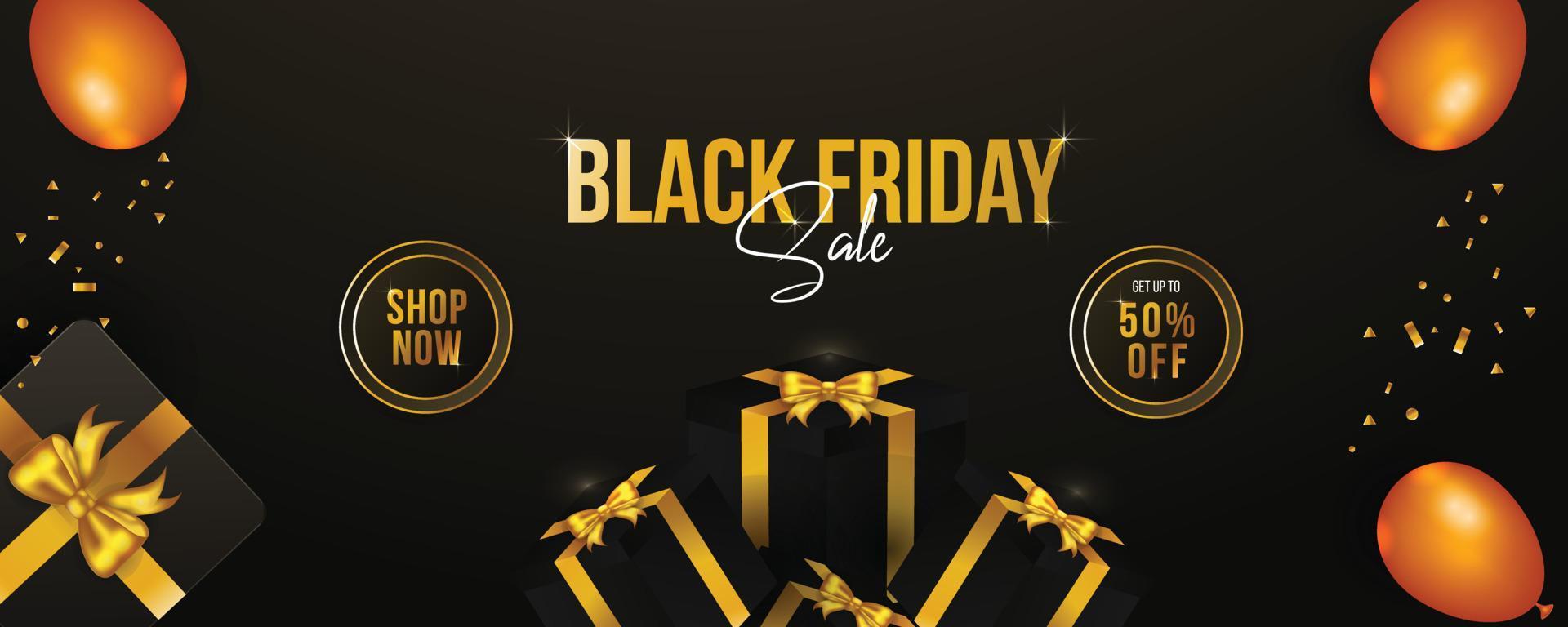 Black Friday sale golden luxury background and gift box balloons banner vector