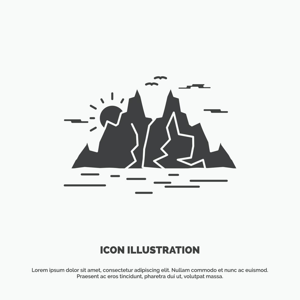 naturaleza, colina, paisaje, montaña, icono de agua. símbolo gris vectorial de glifo para ui y ux, sitio web o aplicación móvil vector