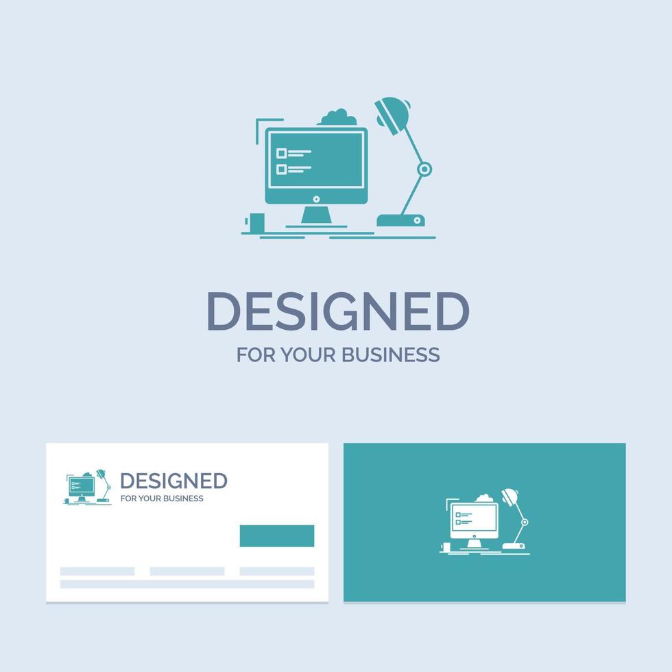 workplace, workstation, office, lamp, computer Business Logo Glyph Icon Symbol for your business. Turquoise Business Cards with Brand logo template. vector