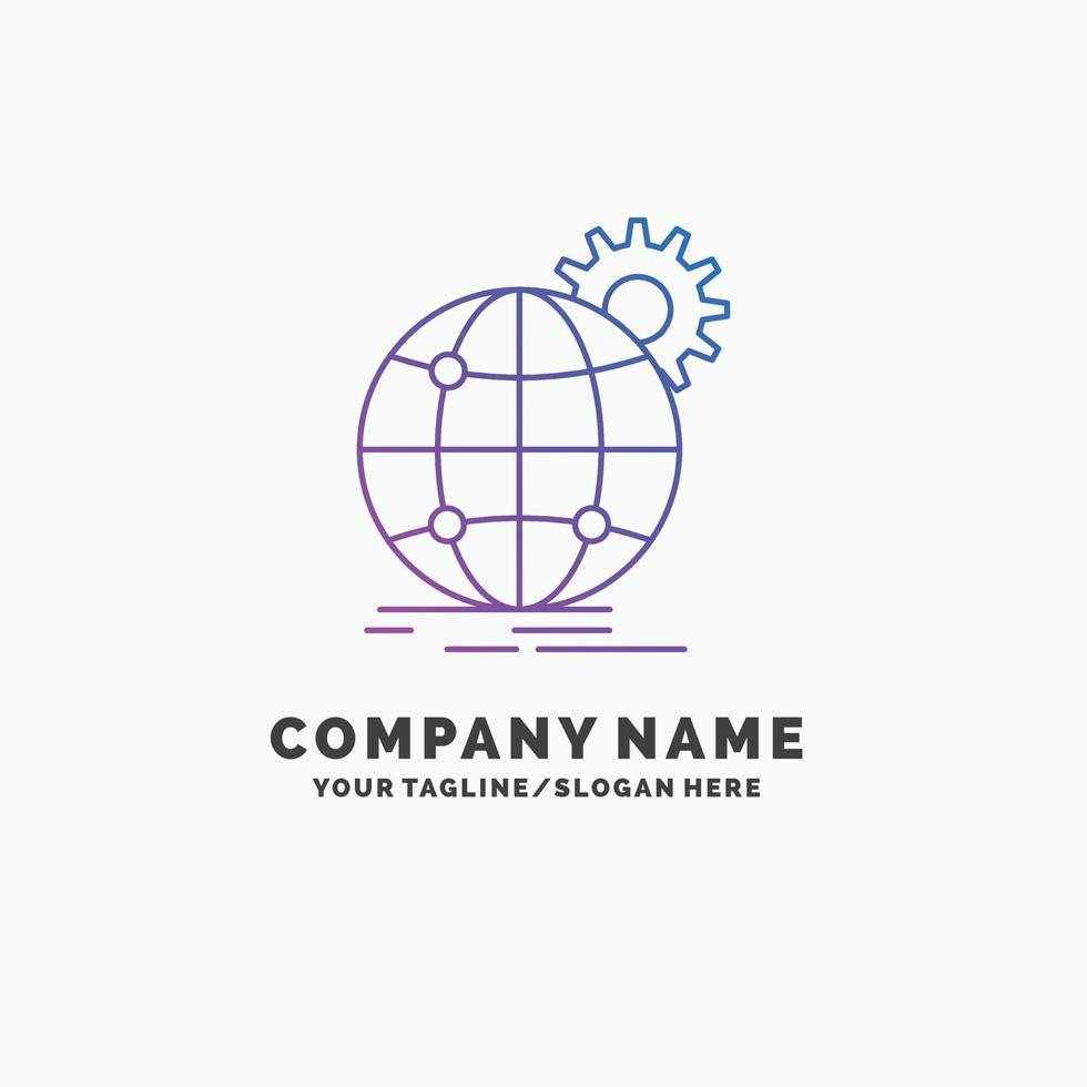 internacional. negocio. globo. en todo el mundo. plantilla de logotipo de empresa púrpura de engranajes. lugar para el eslogan vector