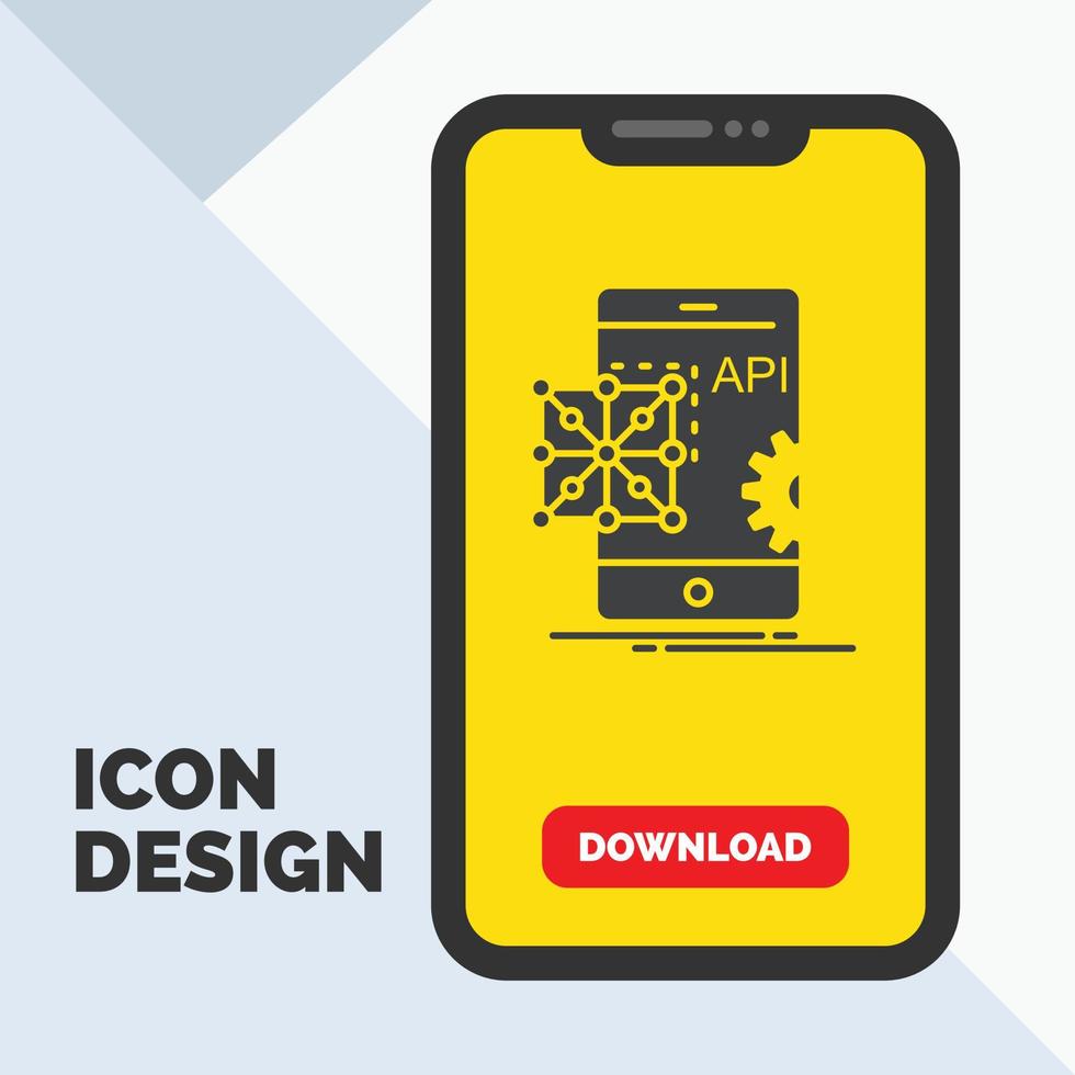 API. solicitud. codificación. desarrollo. icono de glifo móvil en el móvil para la página de descarga. fondo amarillo vector