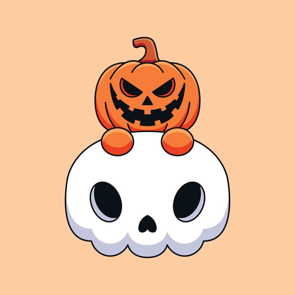 cute skull pumpkin halloween cartoon mascot doodle art hand drawn concept vector kawaii icon illustration