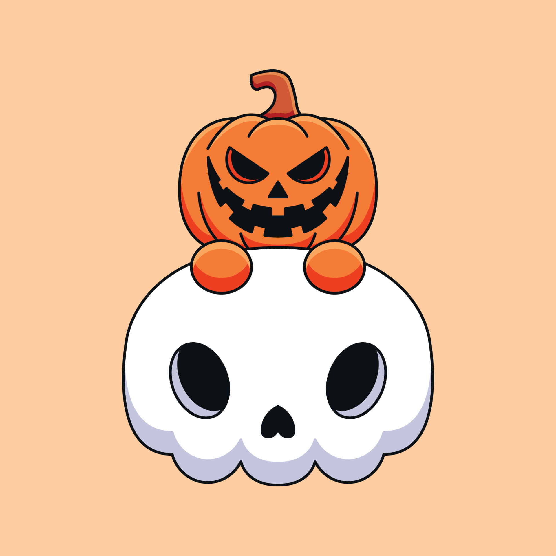 Cute cartoon skull and pumpkin Halloween doodle element. 24864836 PNG