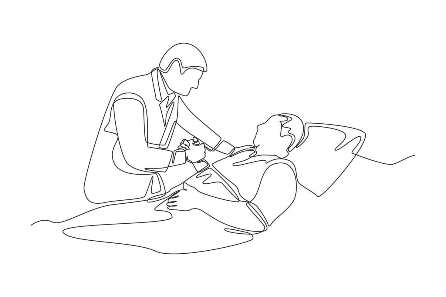 Continuous one line drawing male doctor supporting putting hand on shoulder of male patient lying on bed at hospital. Doctor and Patient concept. Single line draw design vector graphic illustration.