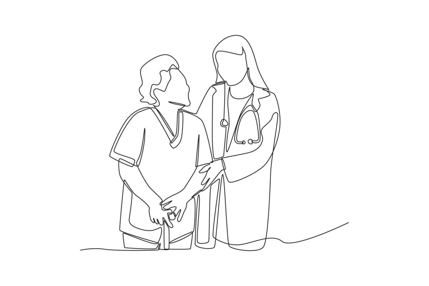 Continuous one line drawing Female Doctor helping old woman patient with walking stick to walk. Doctor and Patient concept. Single line draw design vector graphic illustration.