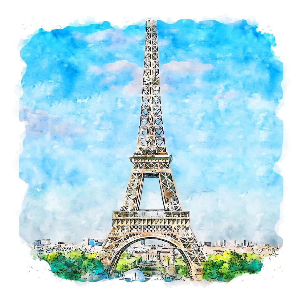 Eiffel Tower Paris France Watercolor sketch hand drawn illustration vector